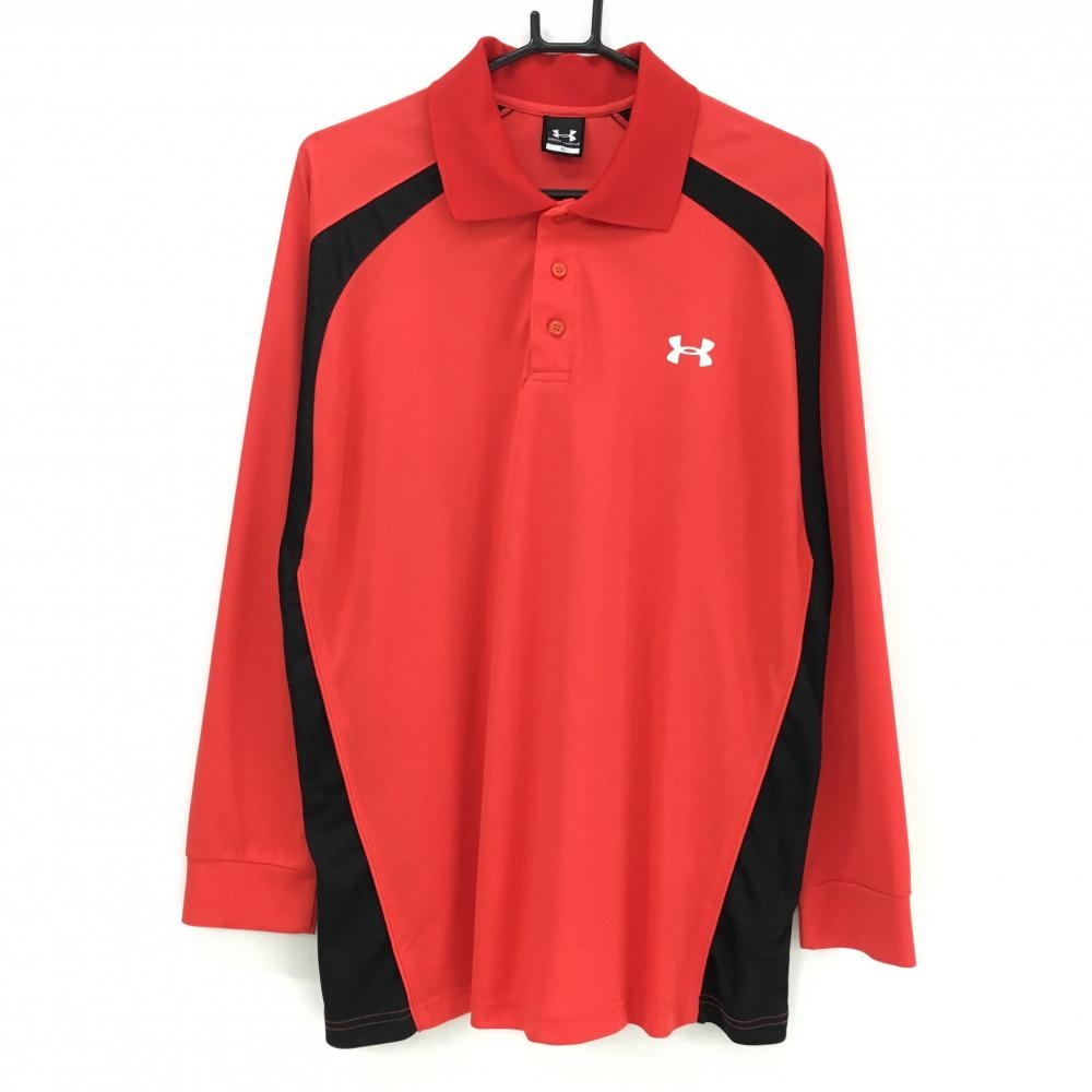 【美品】アンダーアーマー 長袖ポロシャツ レッド×黒 ロゴプリント メンズ XL ゴルフウェア UNDER ARMOUR