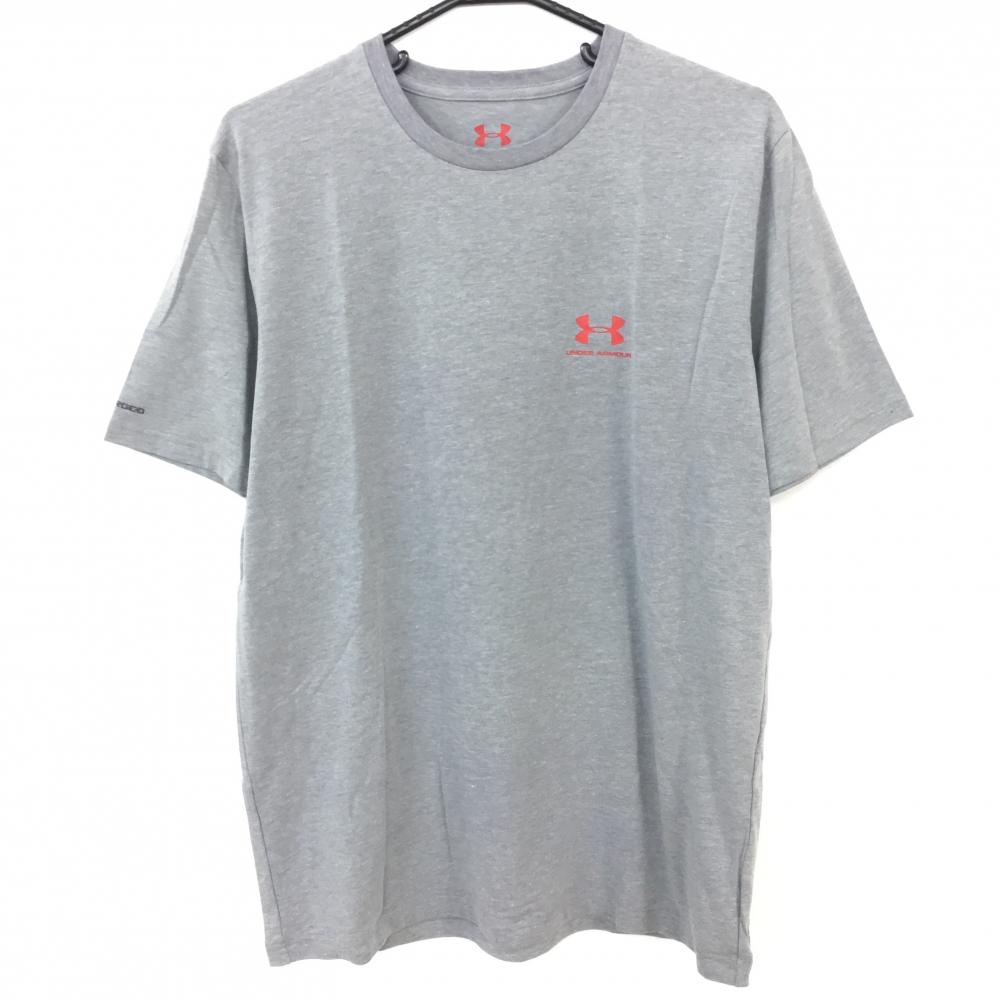 【新品】UNDER ARMOUR アンダーアーマー Tシャツ ライトグレー×レッド シンプル ロゴプリント メンズ LG ゴルフウェア