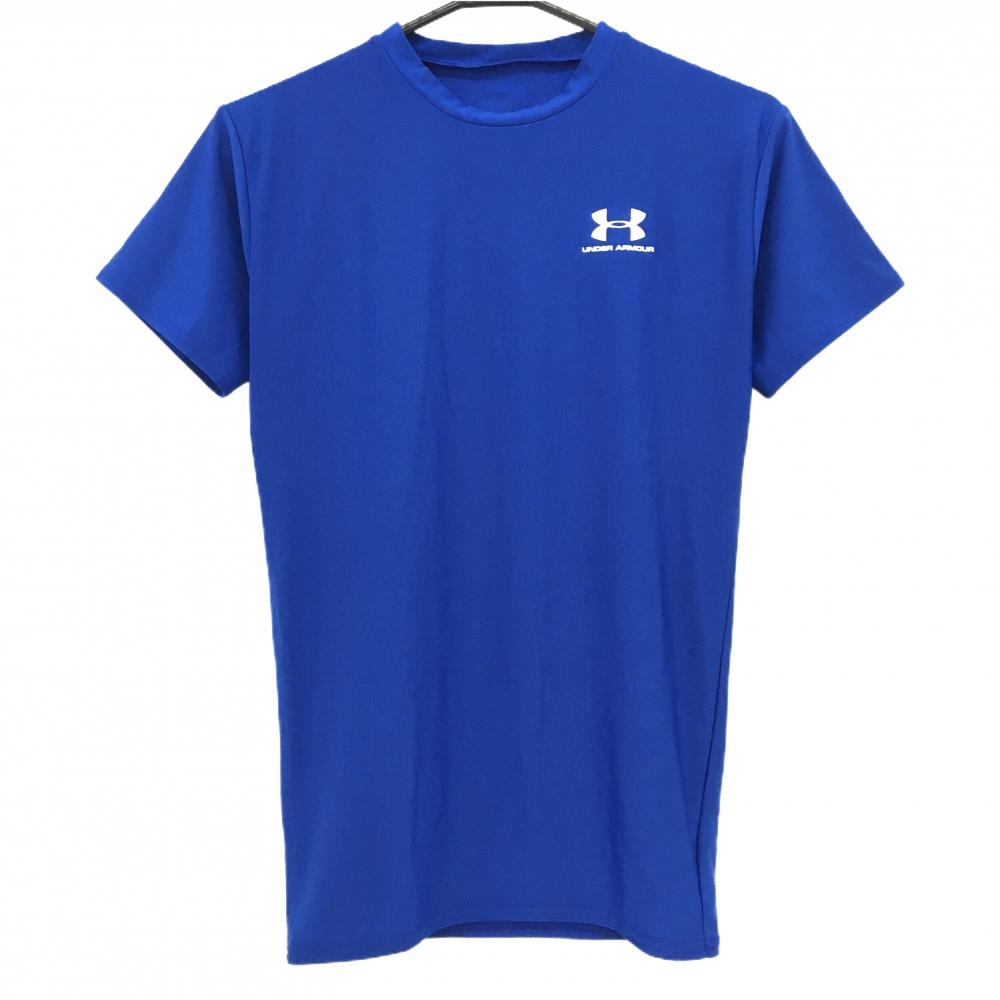 【美品】アンダーアーマー Tシャツ ブルー×白 胸ロゴ ストレッチ 袖糸引き メンズ LG ゴルフウェア UNDER ARMOUR
