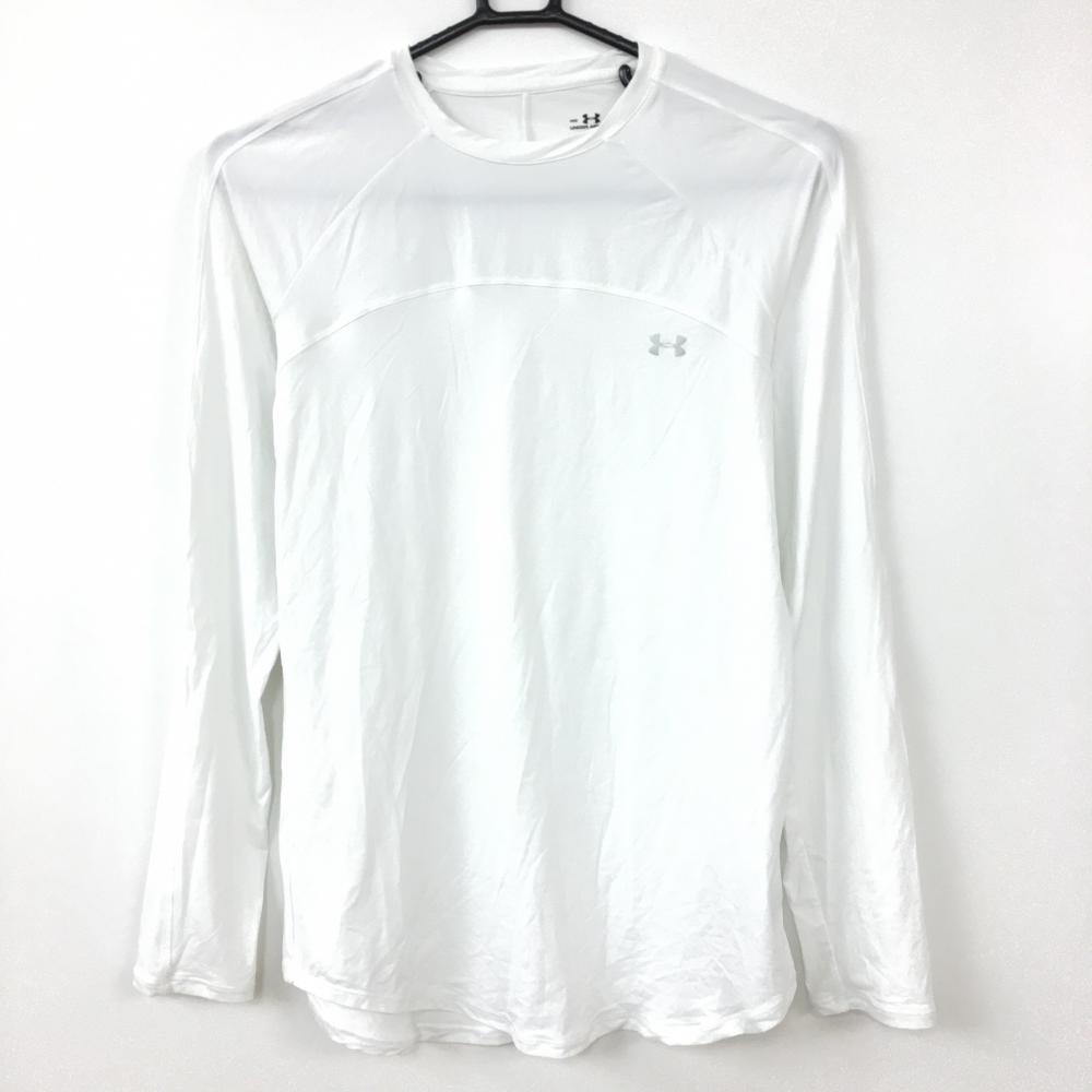 【美品】アンダーアーマー インナーシャツ 白×シルバー クルーネック ロゴプリント  メンズ MD ゴルフウェア UNDER ARMOUR