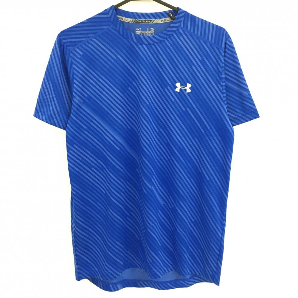 【超美品】アンダーアーマー 半袖インナーシャツ ブルー 斜めストライプ ヒートギア メンズ LG ゴルフウェア UNDER ARMOUR
