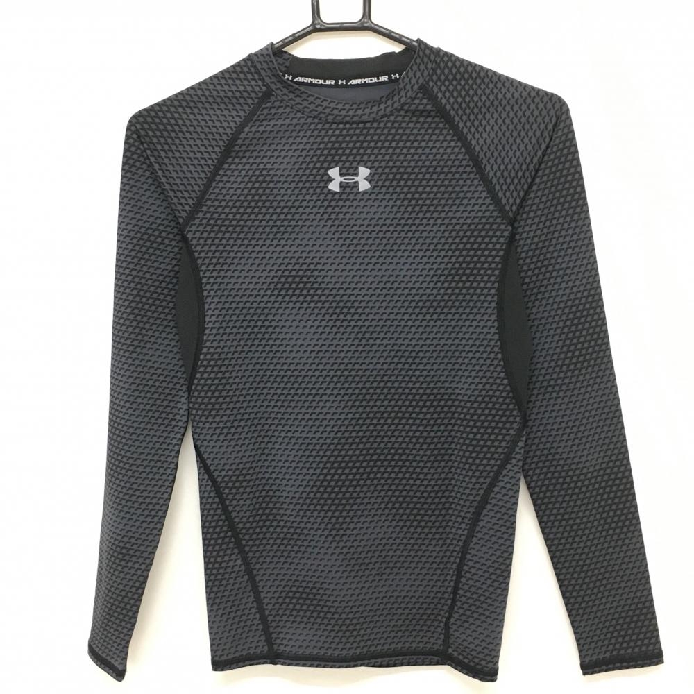 【超美品】アンダーアーマー インナーシャツ 黒×グレー 総柄 ハイネック メンズ SM ゴルフウェア UNDER ARMOUR