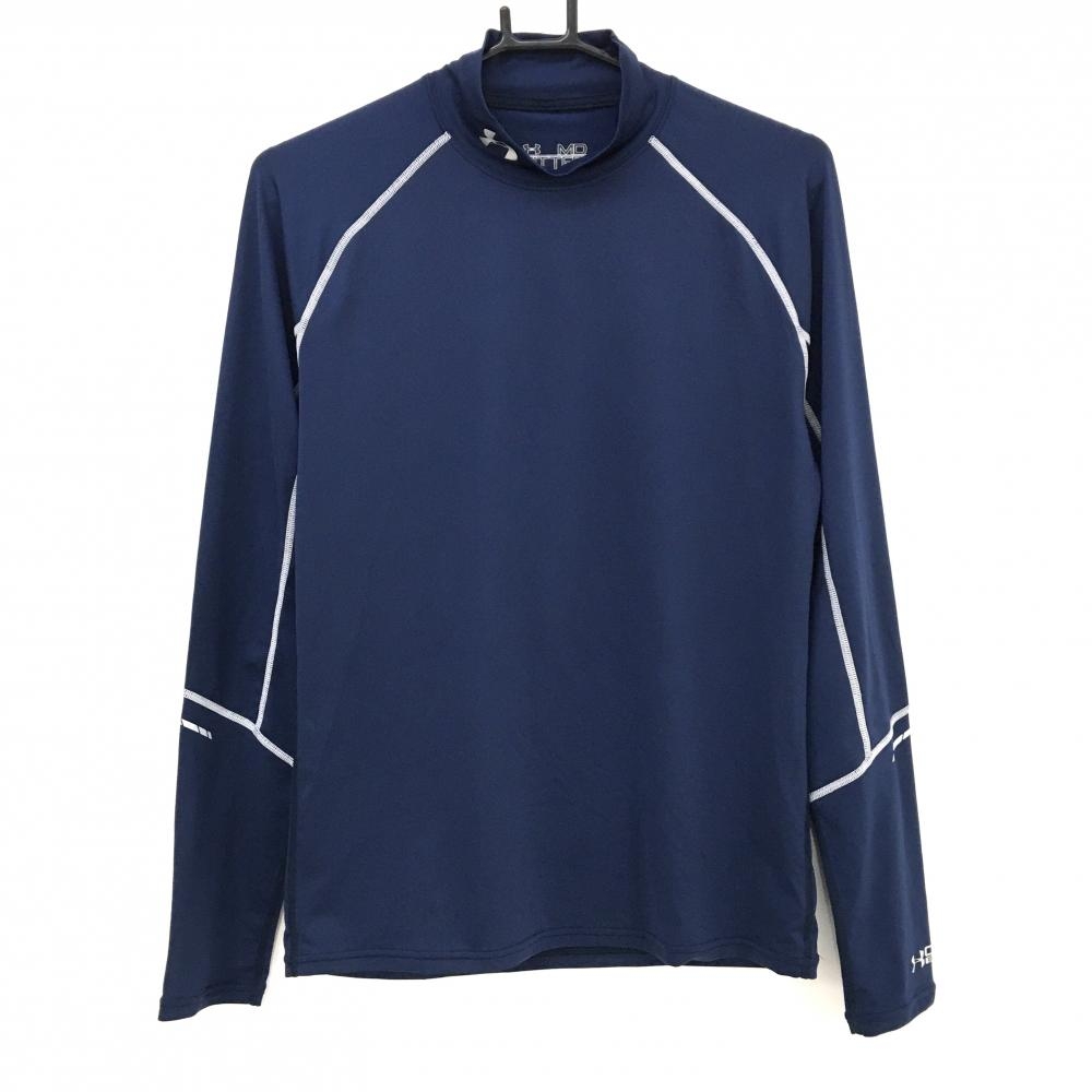 【美品】アンダーアーマー ハイネックインナーシャツ ネイビー×白 ロゴ メンズ MD ゴルフウェア UNDER ARMOUR