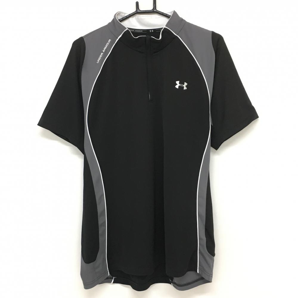 【美品】アンダーアーマー 半袖ハイネックシャツ 黒×グレー ハーフジップ heatgear ヒートギア  メンズ XL ゴルフウェア UNDER ARMOUR