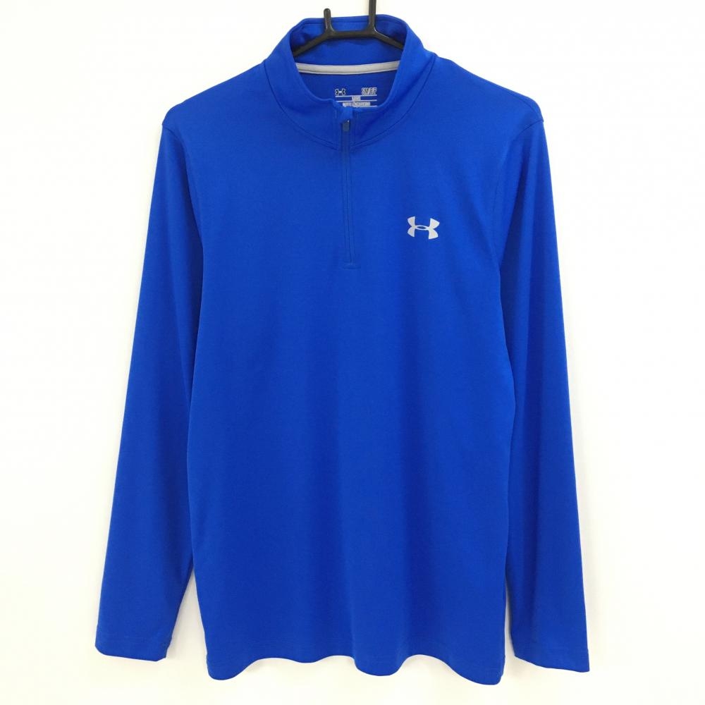 【超美品】アンダーアーマー 長袖ハイネックシャツ ブルー ヒートギア ハーフジップ ロゴプリント メンズ SM ゴルフウェア UNDER ARMOUR