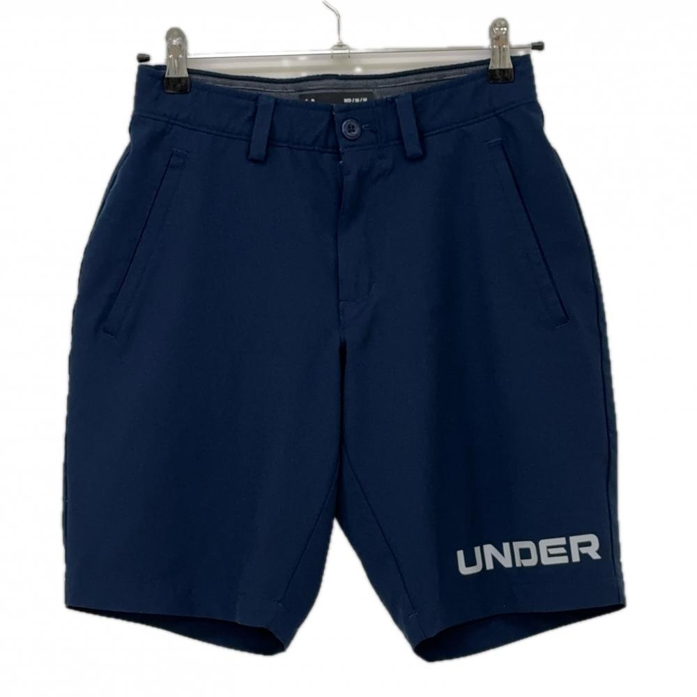 【美品】アンダーアーマー ハーフパンツ ネイビー 裾ロゴプリント  メンズ MD/M/M ゴルフウェア UNDER ARMOUR