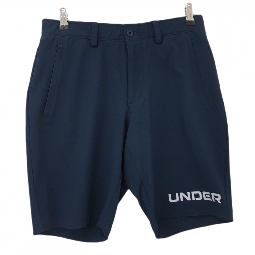 【超美品】アンダーアーマー ハーフパンツ ネイビー 裾ロゴプリント メンズ XL/TG/EG ゴルフウェア UNDER ARMOUR