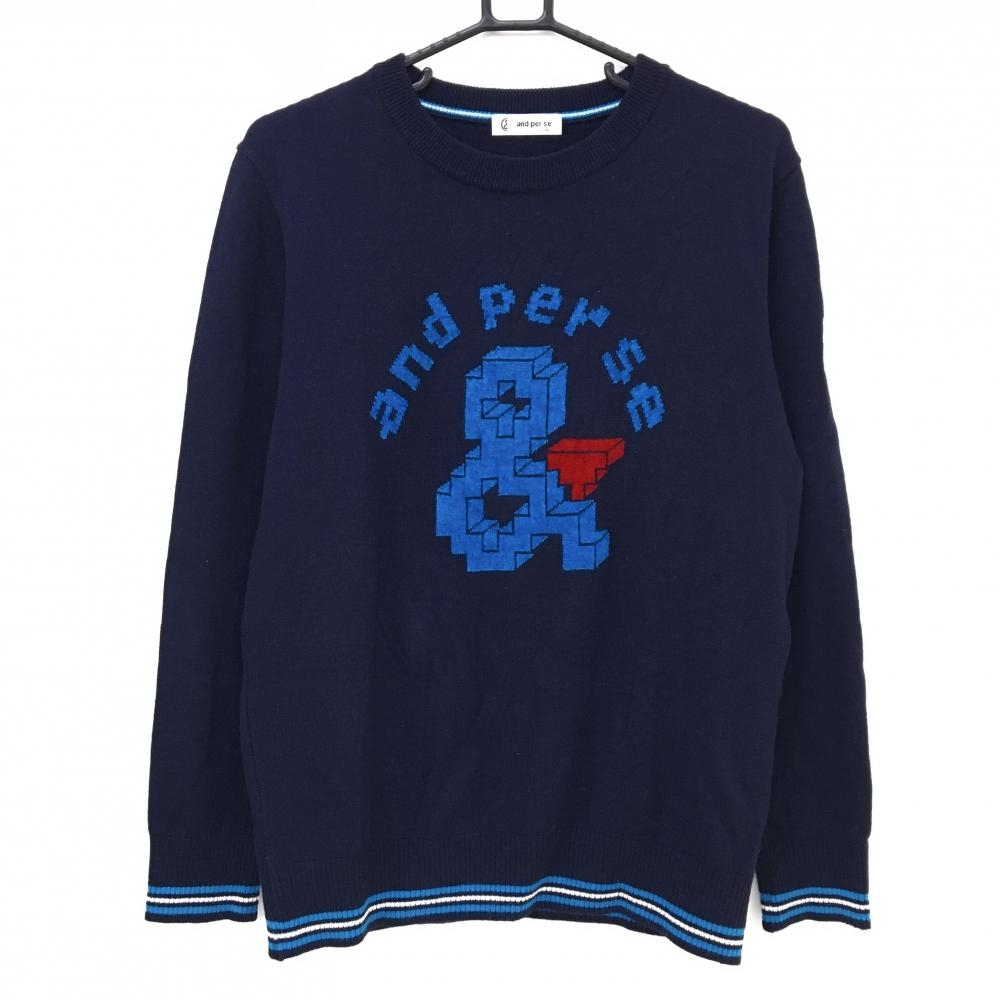【美品】アンパスィ セーター ネイビー×ライトブルー フロントロゴ ウール混 ニット  メンズ M ゴルフウェア and per se