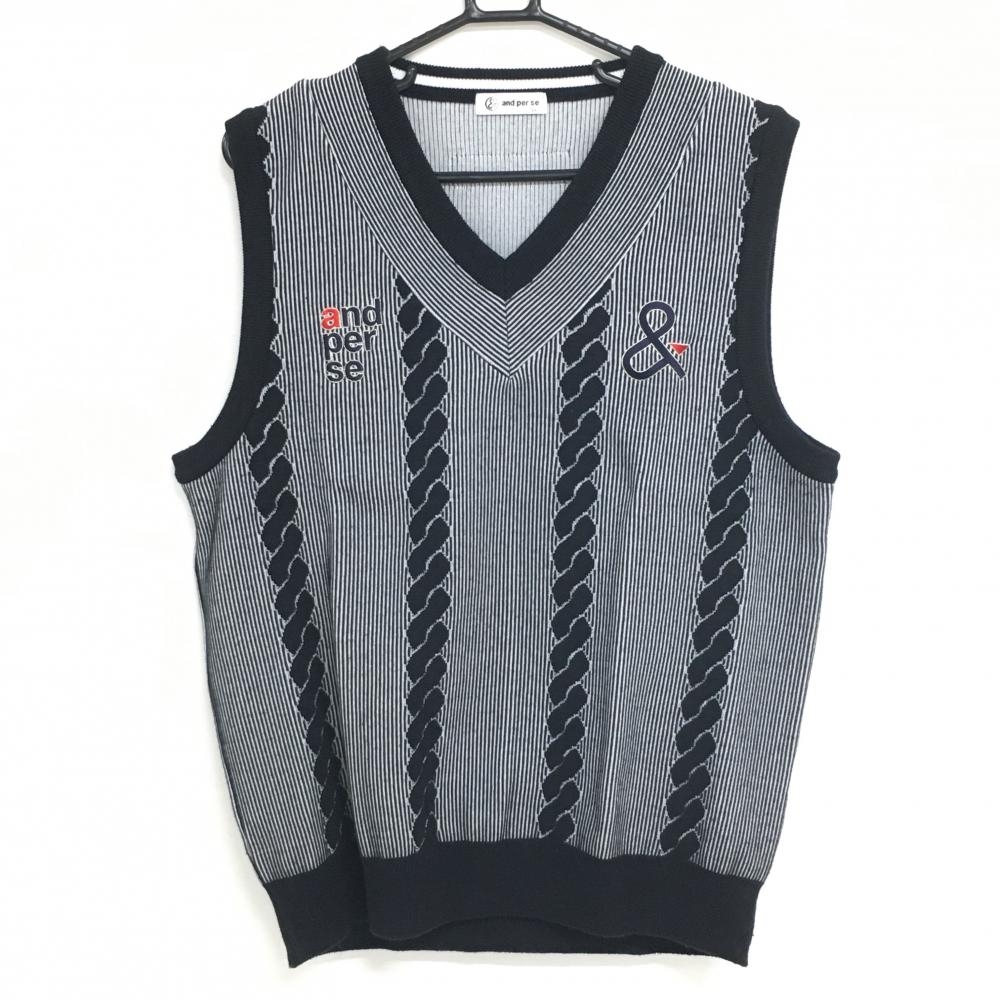【美品】アンパスィ ニットベスト ネイビー×白 細ストライプ 前面一部ケーブル編み ウール混 Vネック メンズ LL ゴルフウェア and per se