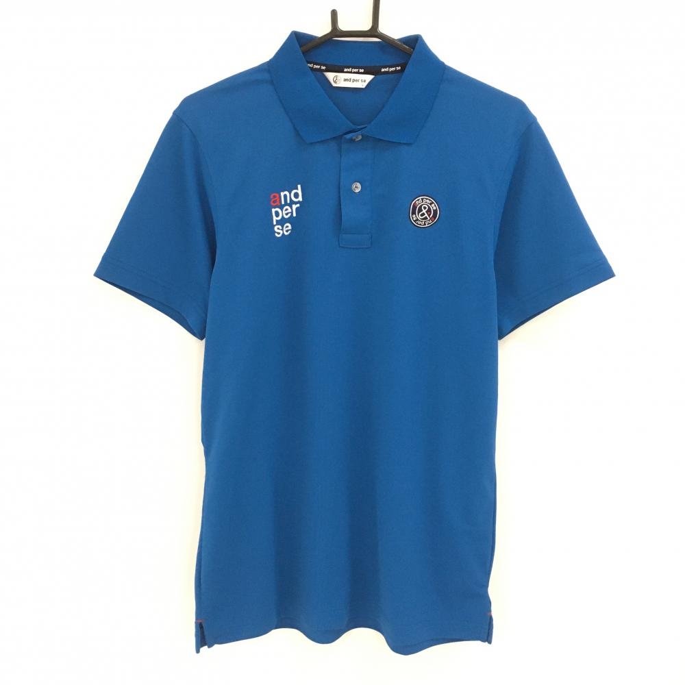 【美品】アンパスィ 半袖ポロシャツ ブルー系 ロゴ刺しゅう  メンズ L ゴルフウェア and per se