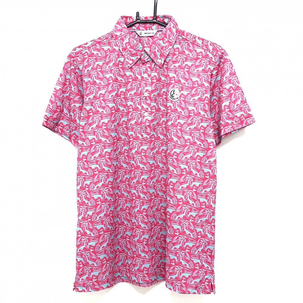 【超美品】アンパスィ 半袖ポロシャツ ピンク×グレー 車柄 ボタンダウン  メンズ LL ゴルフウェア and per se