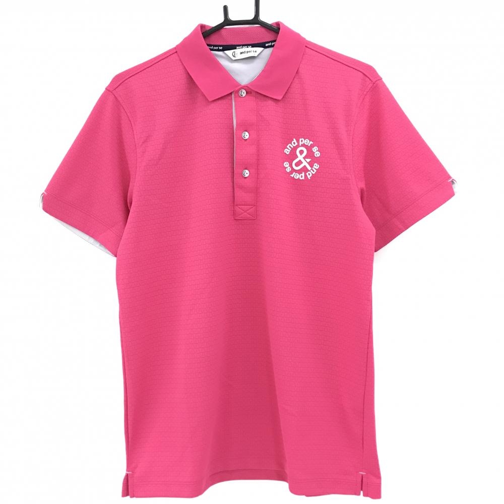 アンパスィ 半袖ポロシャツ ピンク×ライトグレー 総柄地模様 襟裏ロゴ メンズ L ゴルフウェア and per se