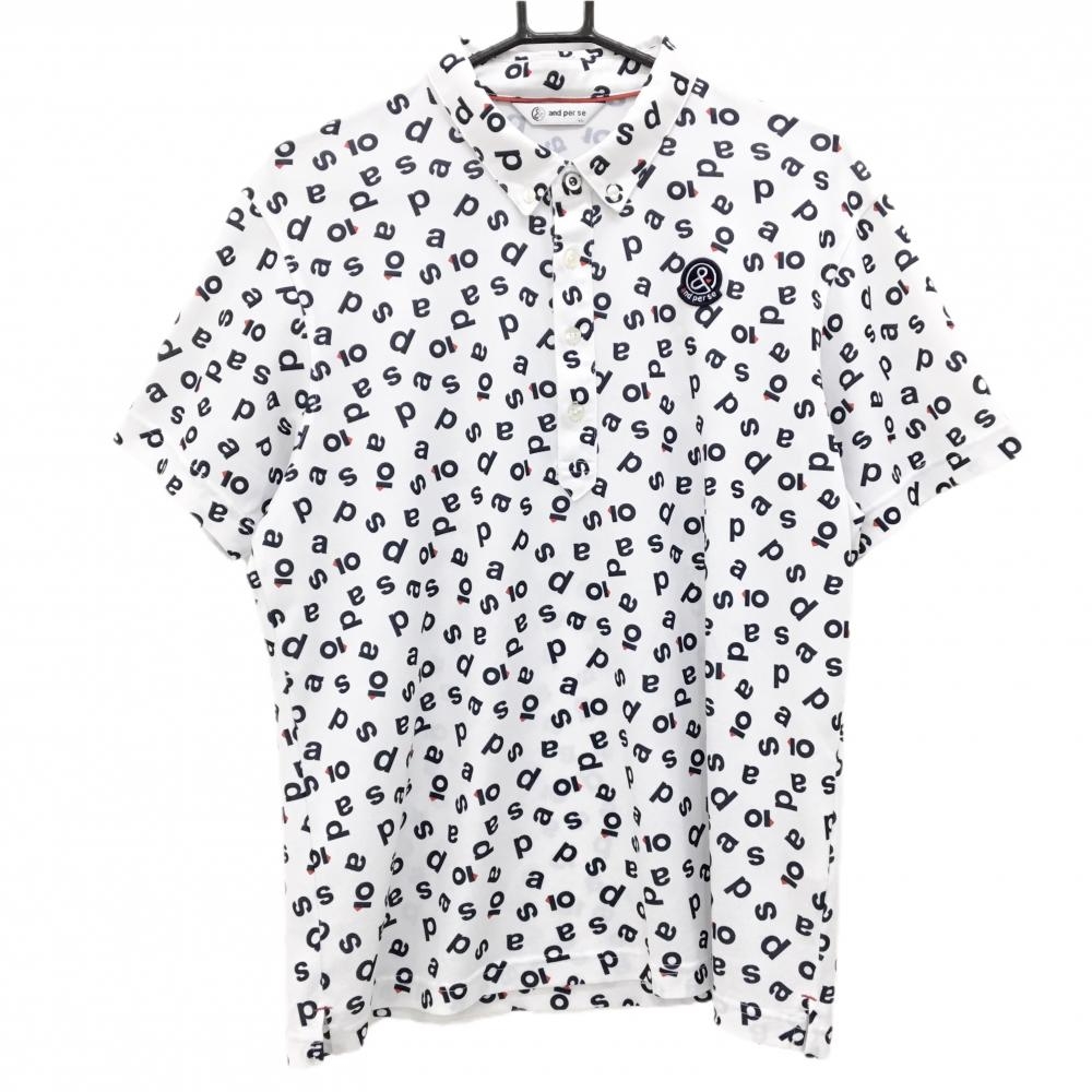 アンパスィ 半袖ポロシャツ 白×ネイビー ロゴ総柄 ボタンダウン  メンズ LL ゴルフウェア and per se