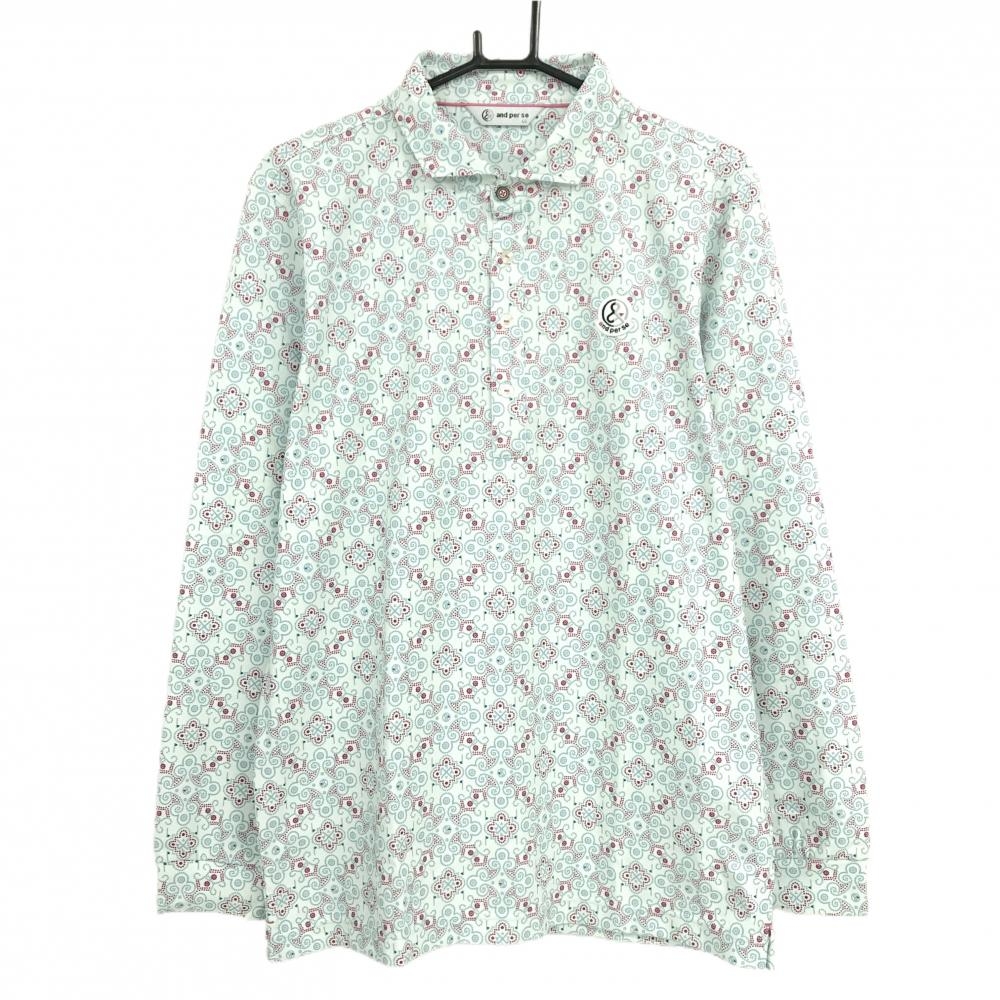 【新品】アンパスィ 長袖ポロシャツ ライトブルー×ブルー系 総柄 UPF50+ メンズ LL ゴルフウェア and per se