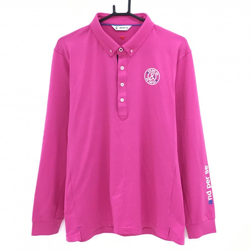 【美品】アンパスィ 長袖ポロシャツ ピンク ロゴ白 裏微起毛 ボタンダウン メンズ LL ゴルフウェア and per se