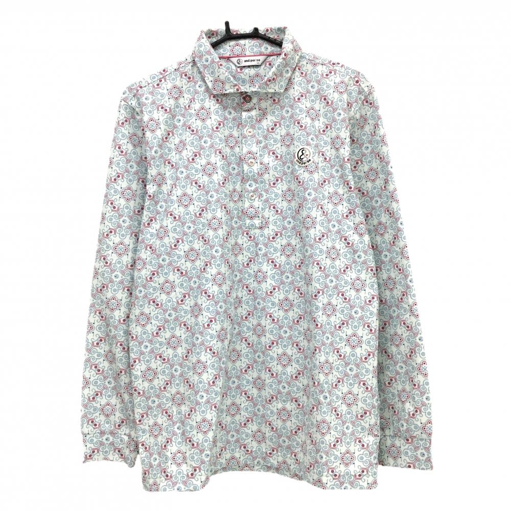 【超美品】アンパスィ 長袖ポロシャツ ライトブルー×ピンク 総柄 ワッペン メンズ LL ゴルフウェア and per se