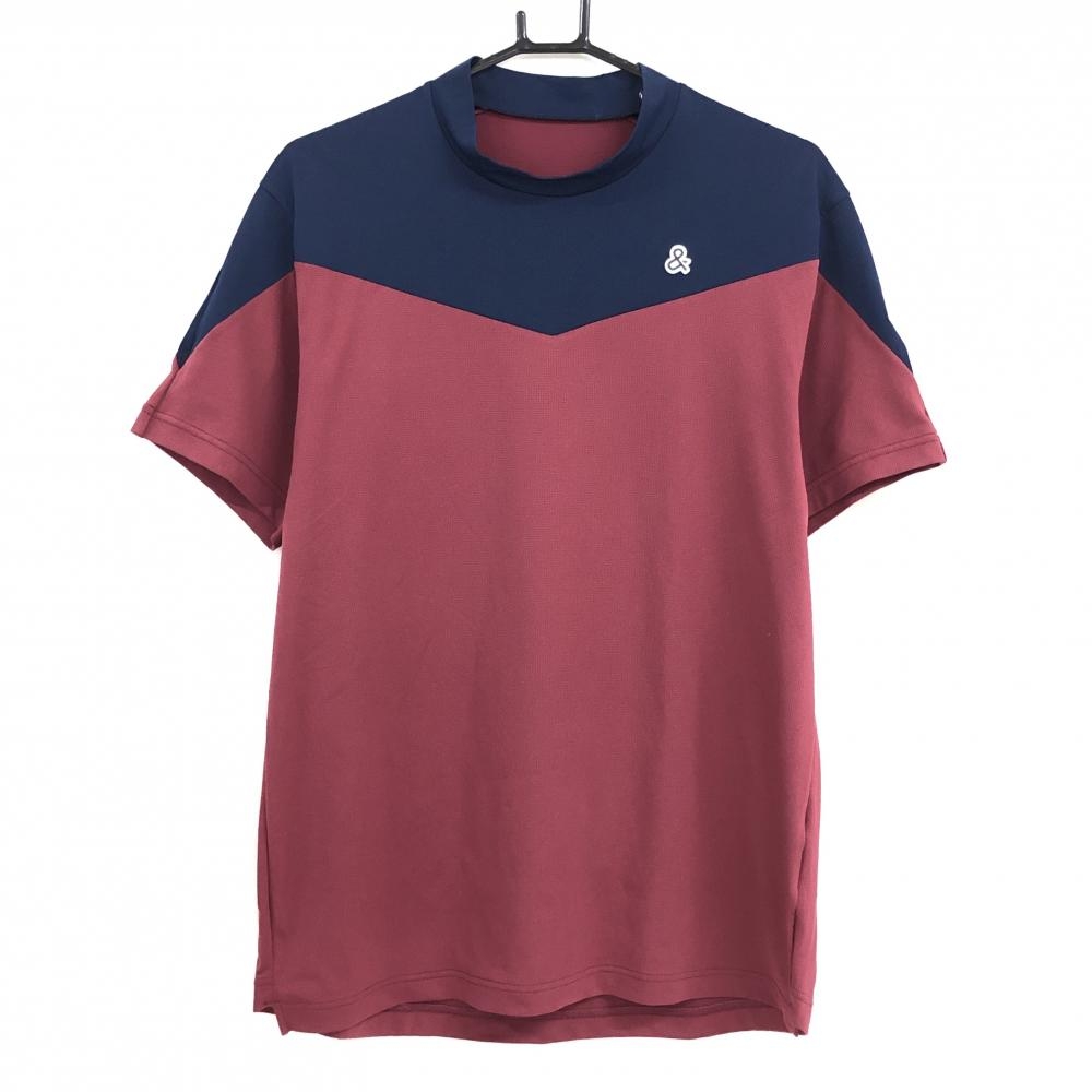 【美品】アンパスィ 半袖ハイネックシャツ ボルドー×ネイビー バイカラー 後ビッグロゴ メンズ LL ゴルフウェア and per se