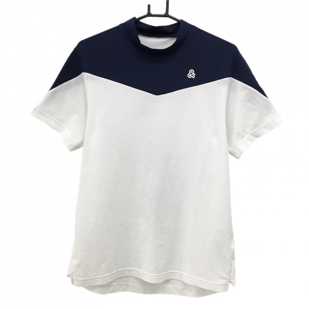 【美品】アンパスィ 半袖ハイネックシャツ 白×ネイビー 胸元ロゴ  メンズ L ゴルフウェア and per se