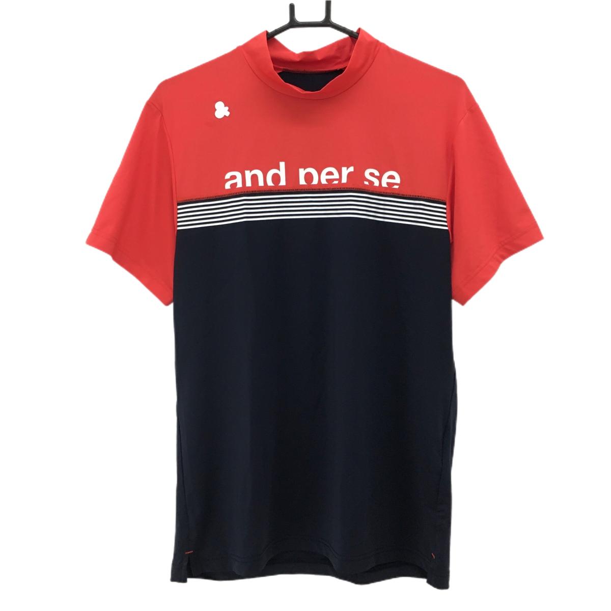 【超美品】アンパスィ 半袖ハイネックシャツ レッド×ネイビー フロントロゴ 肩ワッペン ストレッチ メンズ L ゴルフウェア and per se