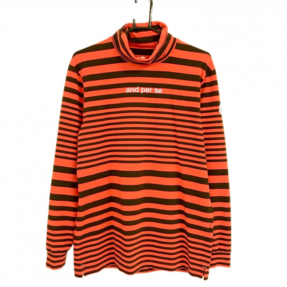 【美品】アンパスィ 長袖タートルネックシャツ オレンジ×黒 ボーダー 微起毛 フロントロゴ刺しゅう メンズ LL ゴルフウェア and per se