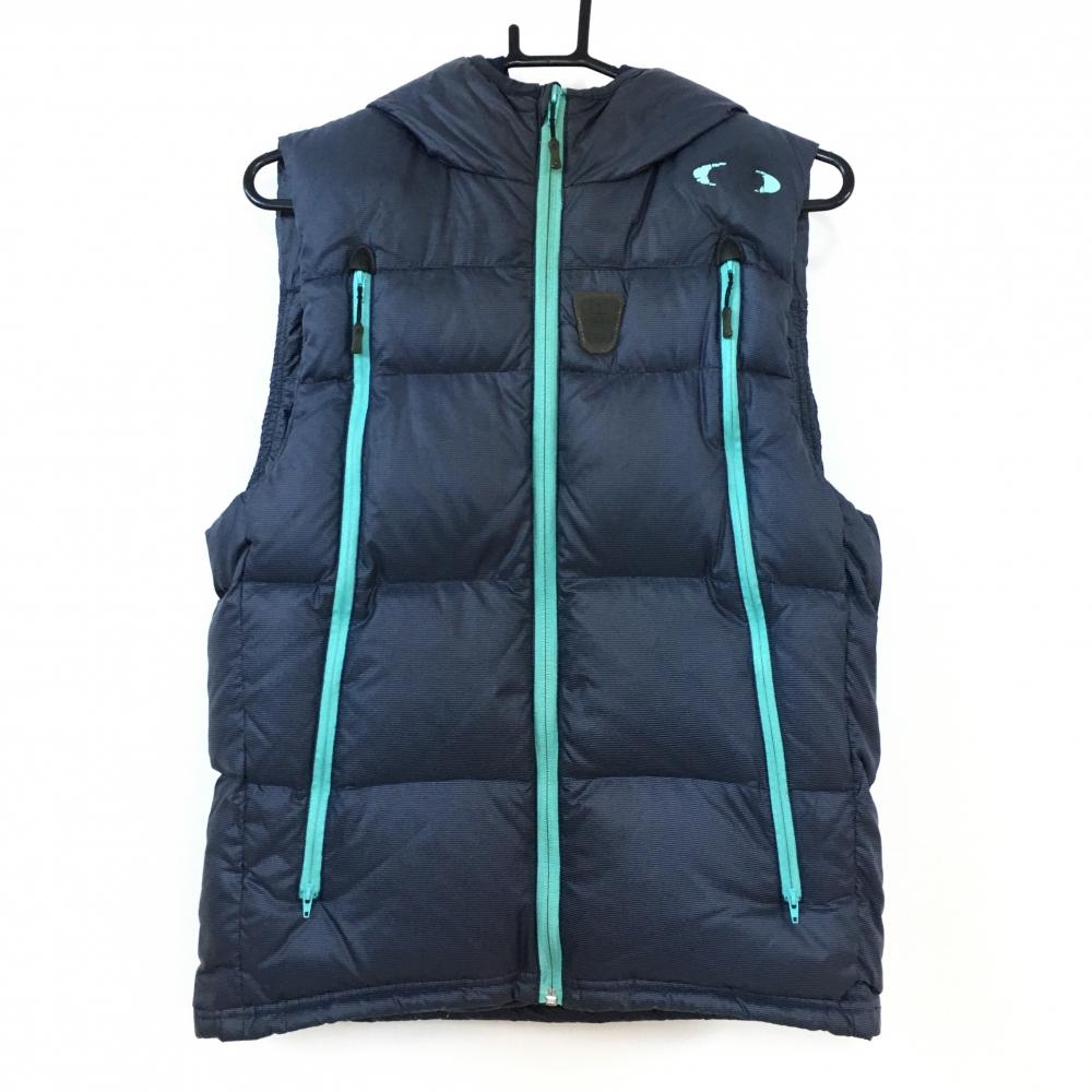 Oakley オークリー フード付ダウンベスト ネイビー ミントグリーン 細ボーダー柄 一部裏起毛 ダウン90 メンズ ｍ ゴルフウェア 中古ゴルフウェア通販サイトreonard レオナード