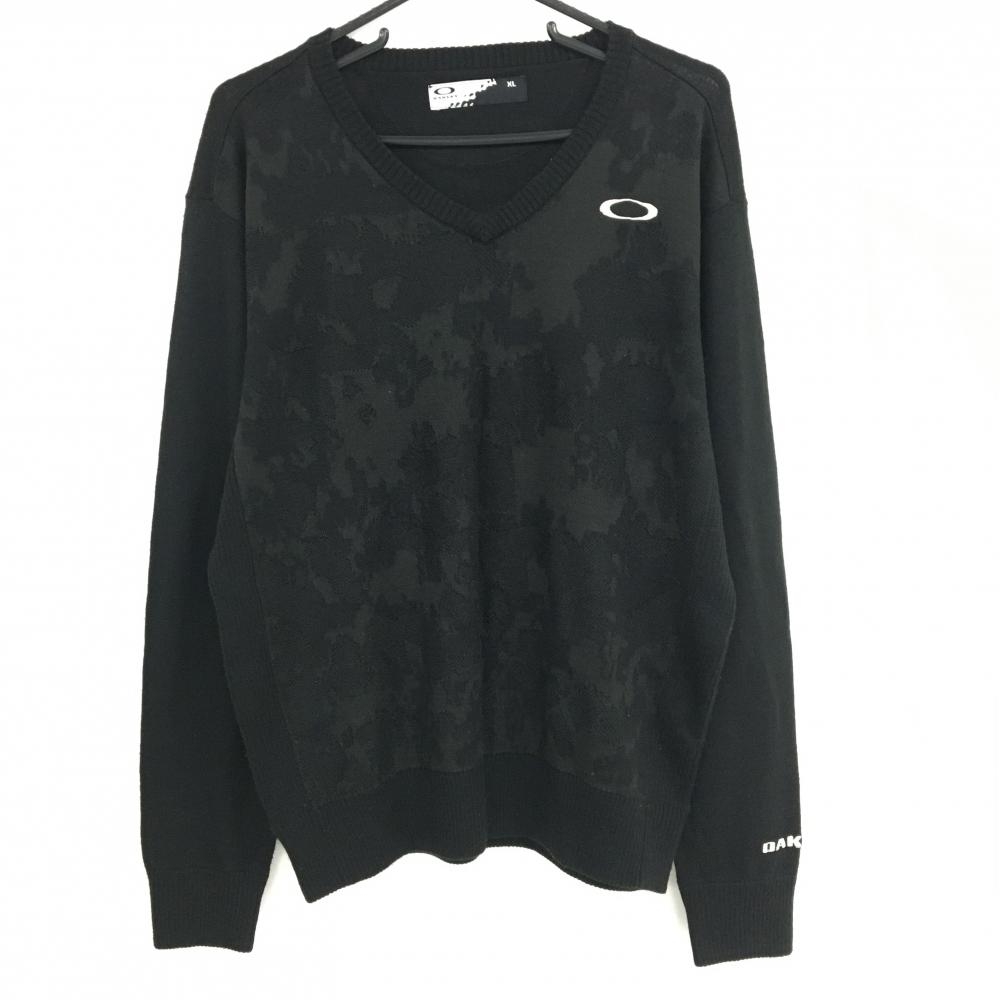 【美品】オークリー セーター 黒 前身頃総柄 Vネック ウール混 ニット  メンズ XL ゴルフウェア Oakley