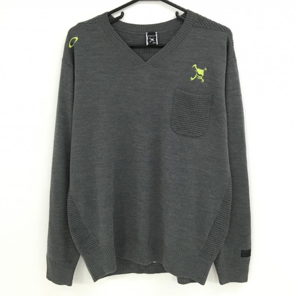 【超美品】オークリー セーター グレー 胸ポケット Vネック ウール混 ニット メンズ XL ゴルフウェア Oakley