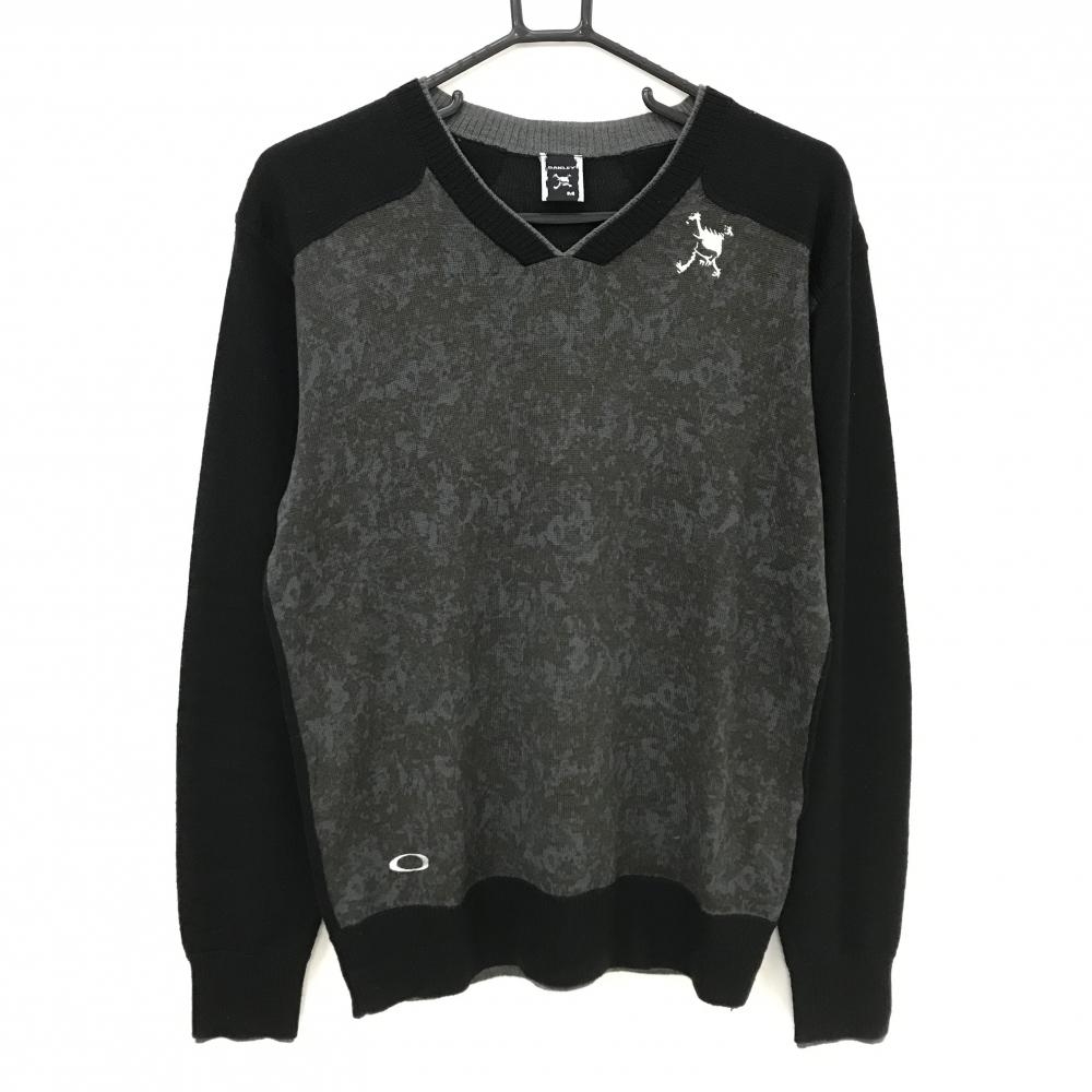 オークリー セーター グレー系×黒 身頃地模様 スカル刺しゅう ウール混 メンズ M ゴルフウェア Oakley