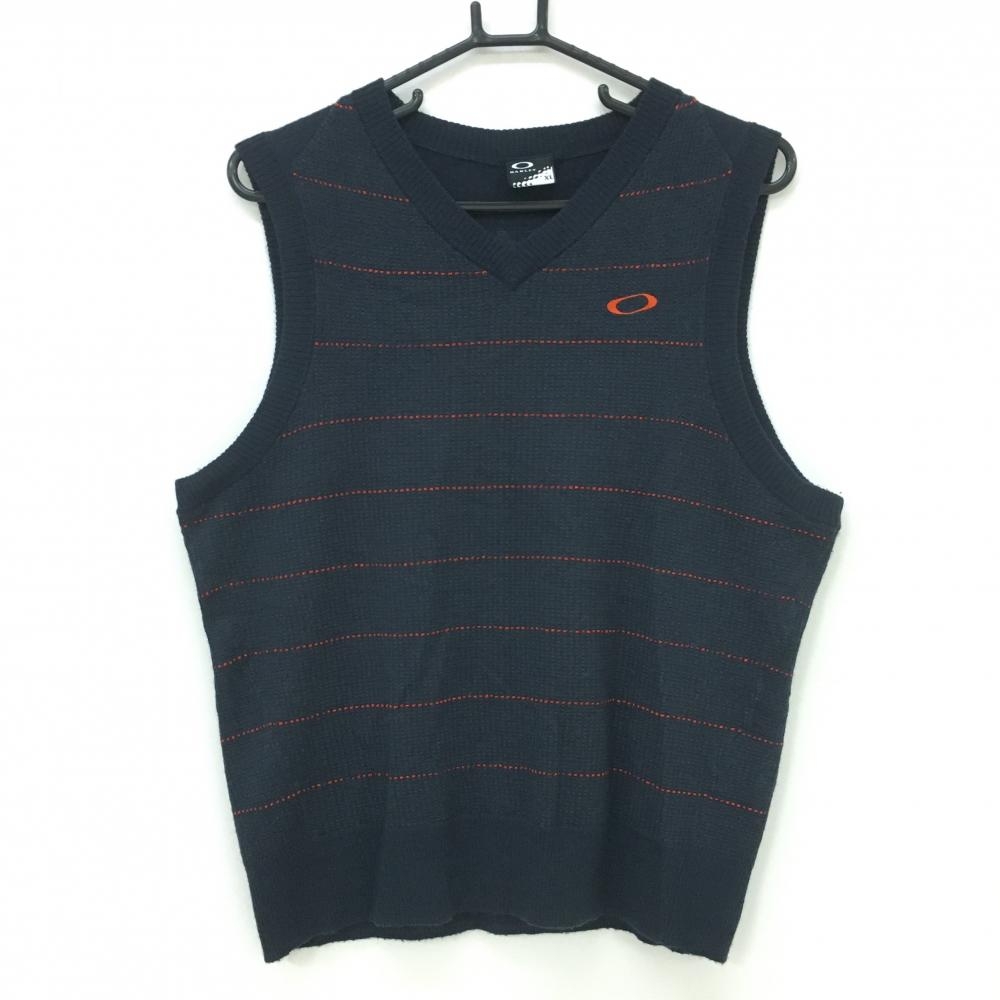 【美品】オークリー ニットベスト ダークグレー×レッド ボーダー調 Vネック ウール混 メンズ XL ゴルフウェア Oakley