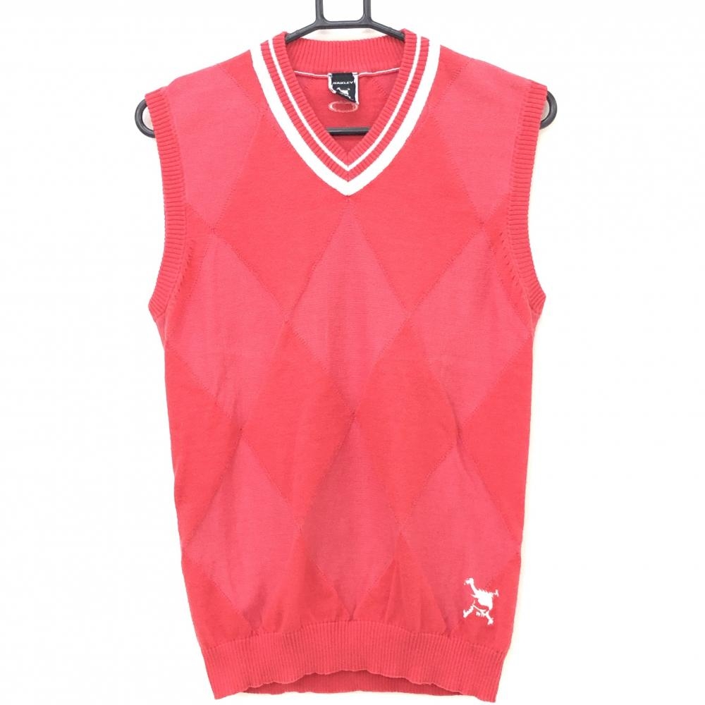 オークリー ニットベスト レッドピンク×白 ダイヤ柄 Vネック 綿混  メンズ M ゴルフウェア Oakley