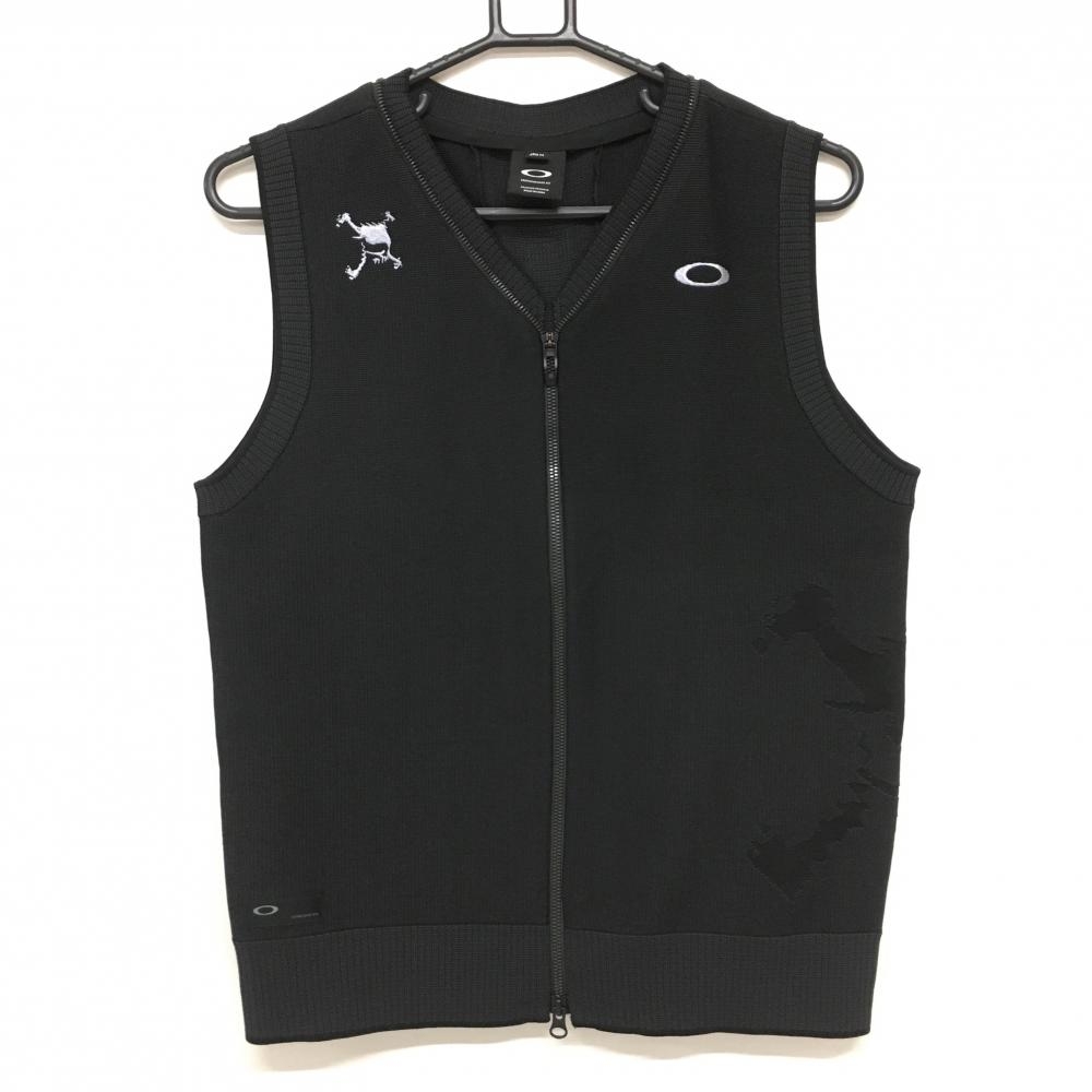 【超美品】オークリー ジップニットベスト 黒 背面センターメッシュ ロゴライトグレー メンズ M ゴルフウェア Oakley