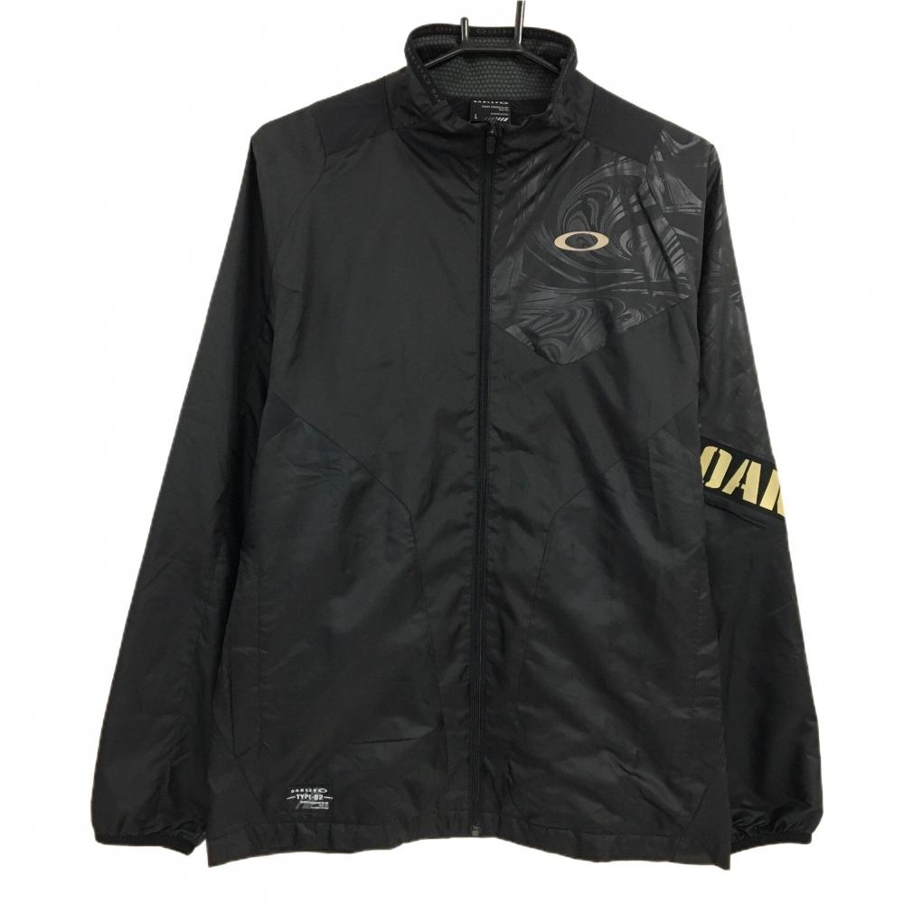 【美品】オークリー ジャケット 黒 一部総柄地模様 ロゴゴールド 裏地付 メンズ L ゴルフウェア Oakley