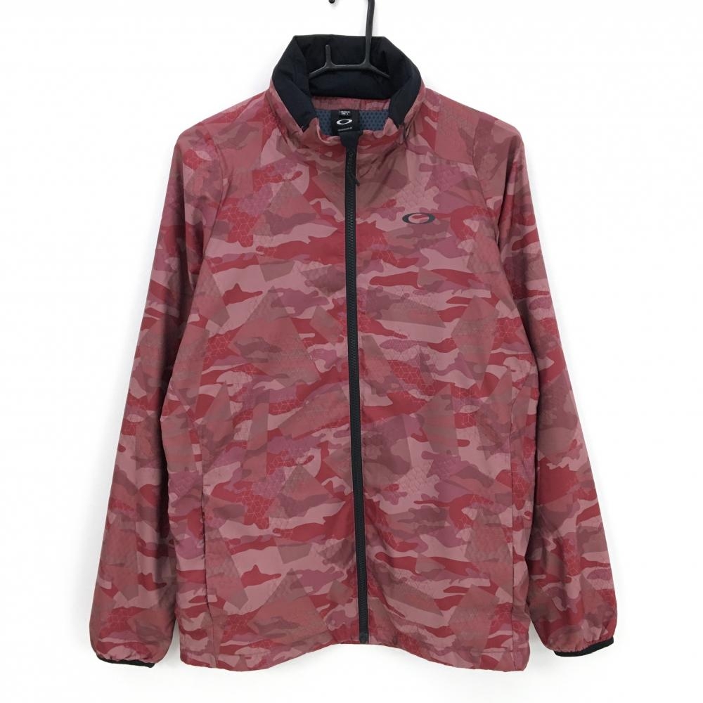 【美品】オークリー ジャケット レッド×ブラウン カモフラ風 裏地メッシュ微起毛 フード収納  メンズ L ゴルフウェア Oakley