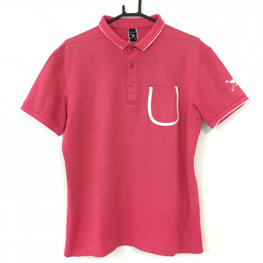 Oakley オークリー 半袖ポロシャツ ピンク×白 斜めストライプ×ロゴ総柄 胸ポケット メンズ L ゴルフウェア