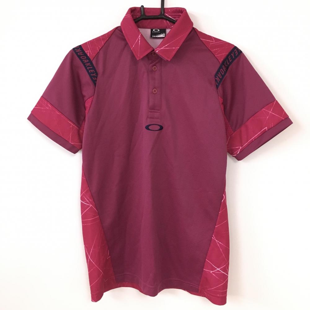 【美品】Oakley オークリー 半袖ポロシャツ パープル 2重襟 ロゴ 背面柄 メンズ M ゴルフウェア