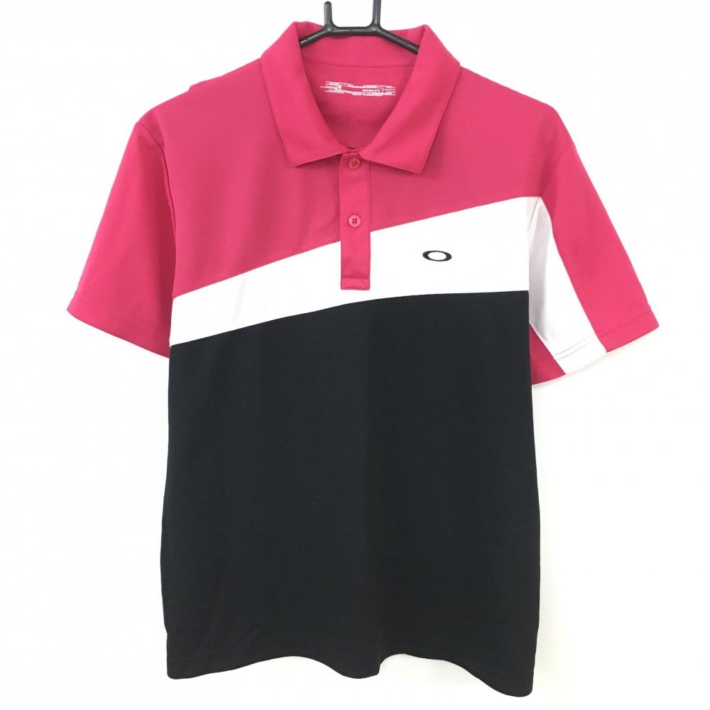 【美品】Oakley オークリー 半袖ポロシャツ 黒×ピンク 斜めライン メンズ M ゴルフウェア