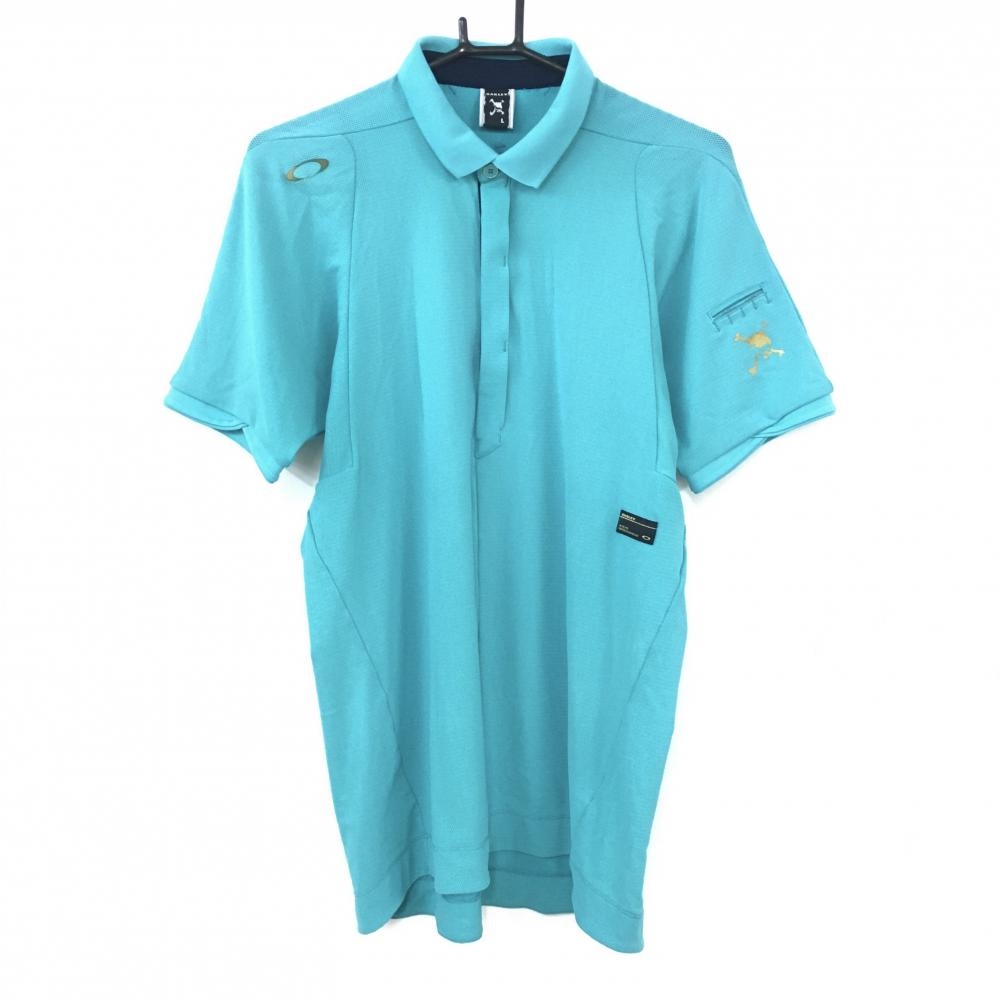 【美品】Oakley オークリー 半袖ポロシャツ ブルーグリーン メッシュ生地 ティー装着可 ゴールドロゴ  メンズ L ゴルフウェア