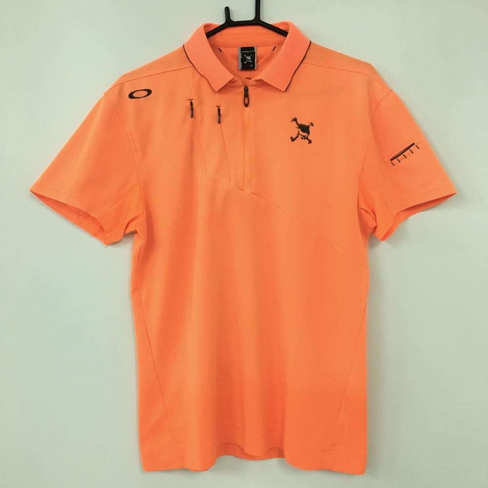 Oakley オークリー 半袖ポロシャツ 蛍光オレンジ 後ろビッグロゴ 脇メッシュ ハーフジップ 胸ポケット メンズ L ゴルフウェア
