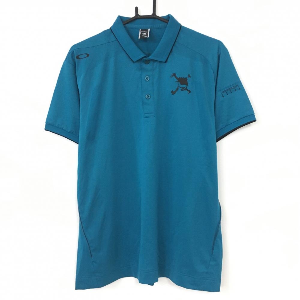 【超美品】Oakley オークリー 半袖ポロシャツ ブルーグリーン×黒 地模様 ティー装着可 メンズ XL ゴルフウェア