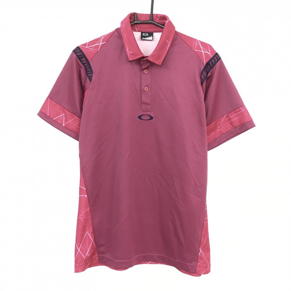 【美品】Oakley オークリー 半袖ポロシャツ ボルドー×ネイビー 一部柄 ロゴライン メンズ XL ゴルフウェア