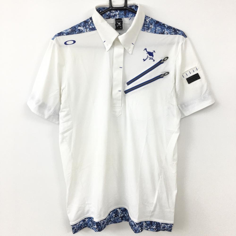 Oakley オークリー 半袖ポロシャツ 白×ブルー 一部柄 一部メッシュ ボタンダウン ティー装着可 メンズ L ゴルフウェア