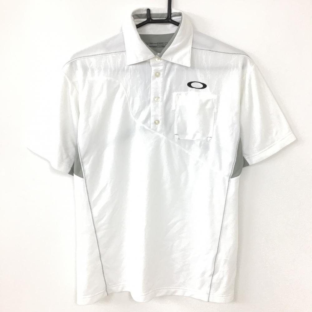 【美品】Oakley オークリー 半袖ポロシャツ 白×グレー 一部地模様 胸ポケット メンズ M ゴルフウェア