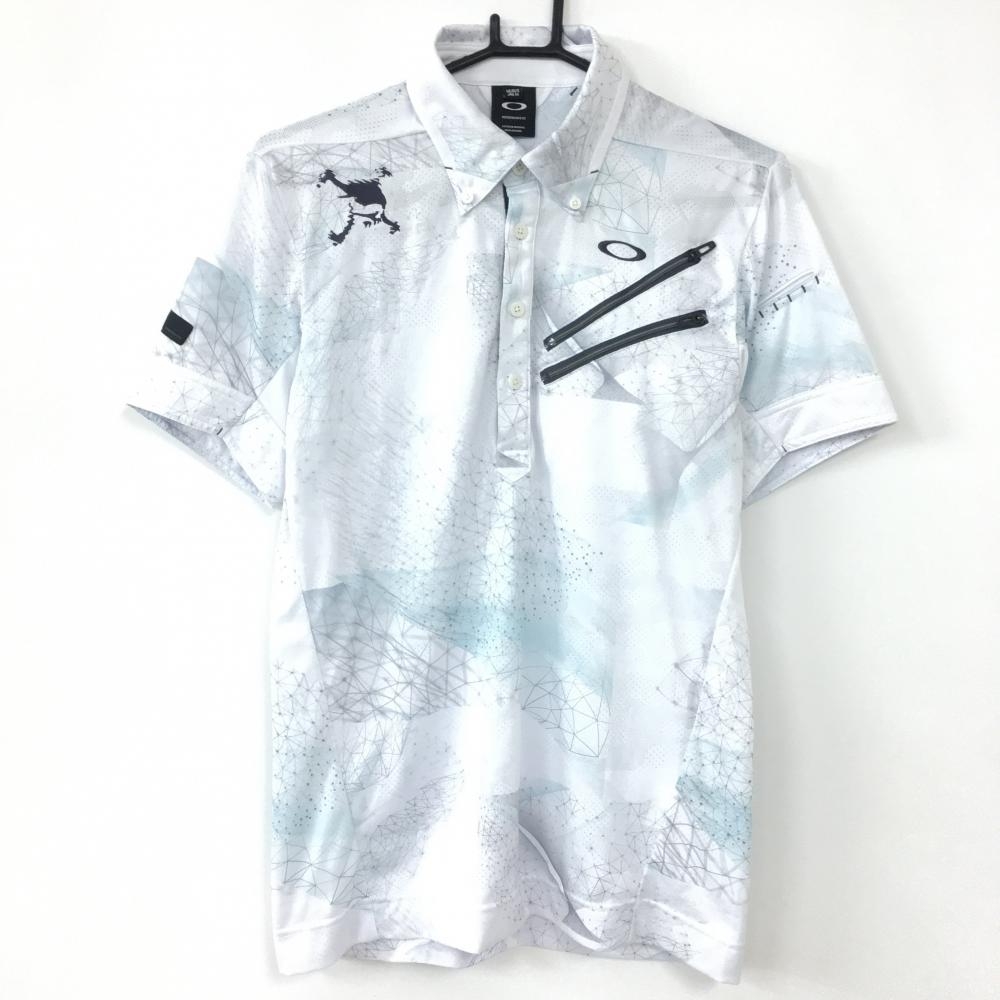 【美品】Oakley オークリー 半袖ポロシャツ 白×グレー 総柄 一部メッシュ ボタンダウン ティー装着可 胸2ポケット メンズ M ゴルフウェア
