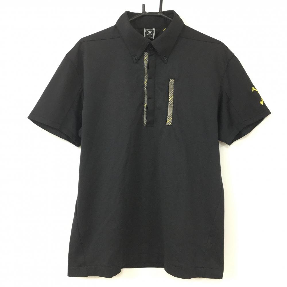 Oakley オークリー 半袖ポロシャツ 黒×イエロー ボタンダウン 一部千鳥格子柄 メンズ XL ゴルフウェア