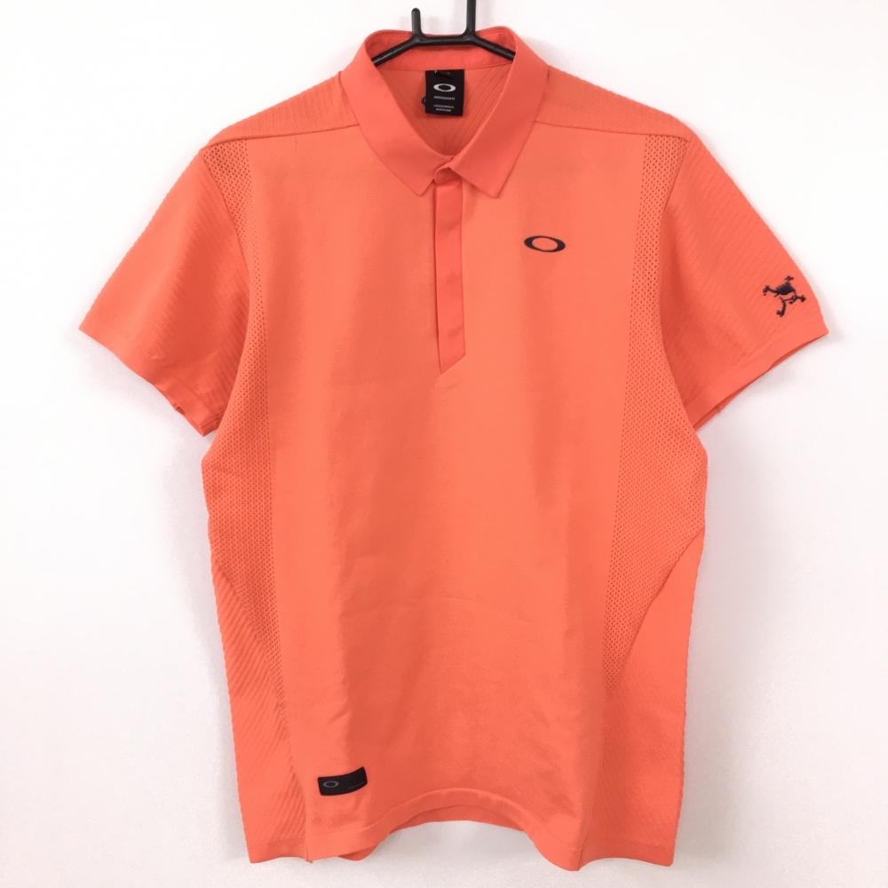オークリー 切替半袖ポロシャツ オレンジ 一部メッシュ ロゴ刺しゅう 一部スナップボタン  メンズ XL ゴルフウェア Oakley