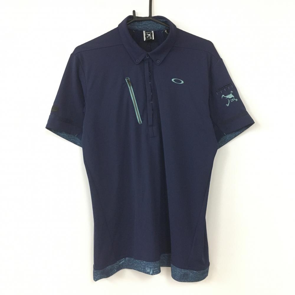 オークリー 半袖ポロシャツ ネイビー×ライトブルー 裾総柄 袖ティー装着可 スカル刺しゅう  メンズ XL ゴルフウェア Oakley