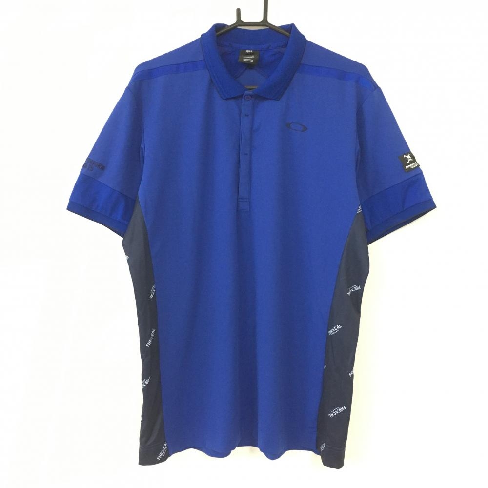 【超美品】オークリー 半袖ポロシャツ ブルー×ネイビー サイド切替総柄  メンズ 2XL ゴルフウェア Oakley