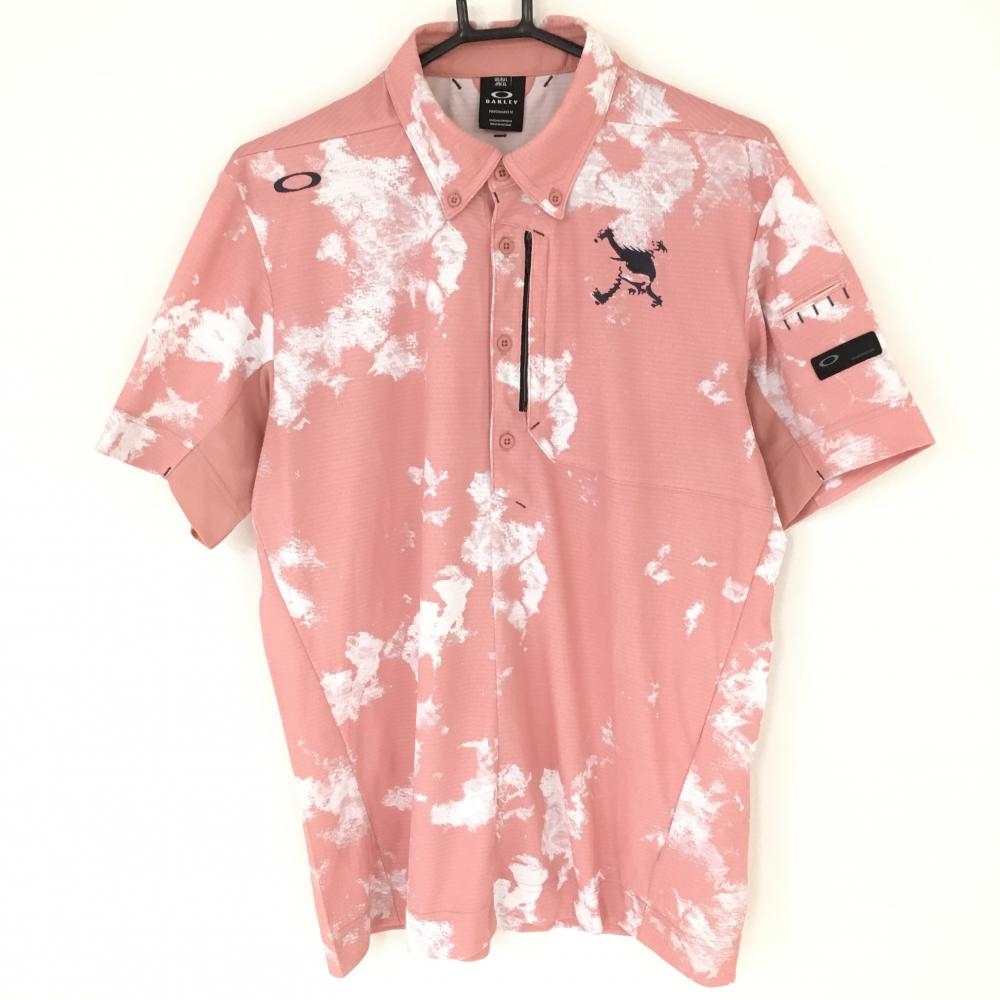 オークリー 半袖ポロシャツ ピンク×白 総柄 ボタンダウン ティー装着可  メンズ ＸＬ ゴルフウェア 2021年モデル Oakley