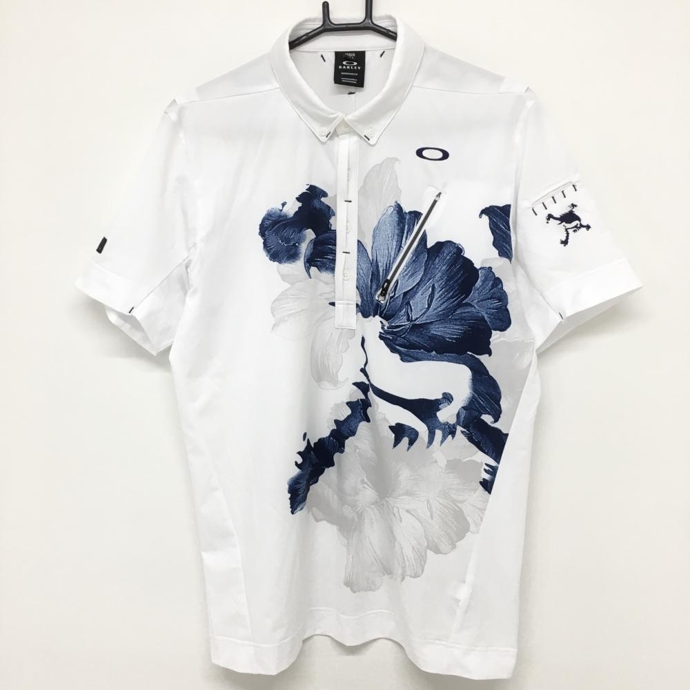 オークリー 半袖ポロシャツ 白×ネイビー 花柄 ボタンダウン ティー装着可  メンズ Ｌ ゴルフウェア 2021年モデル Oakley