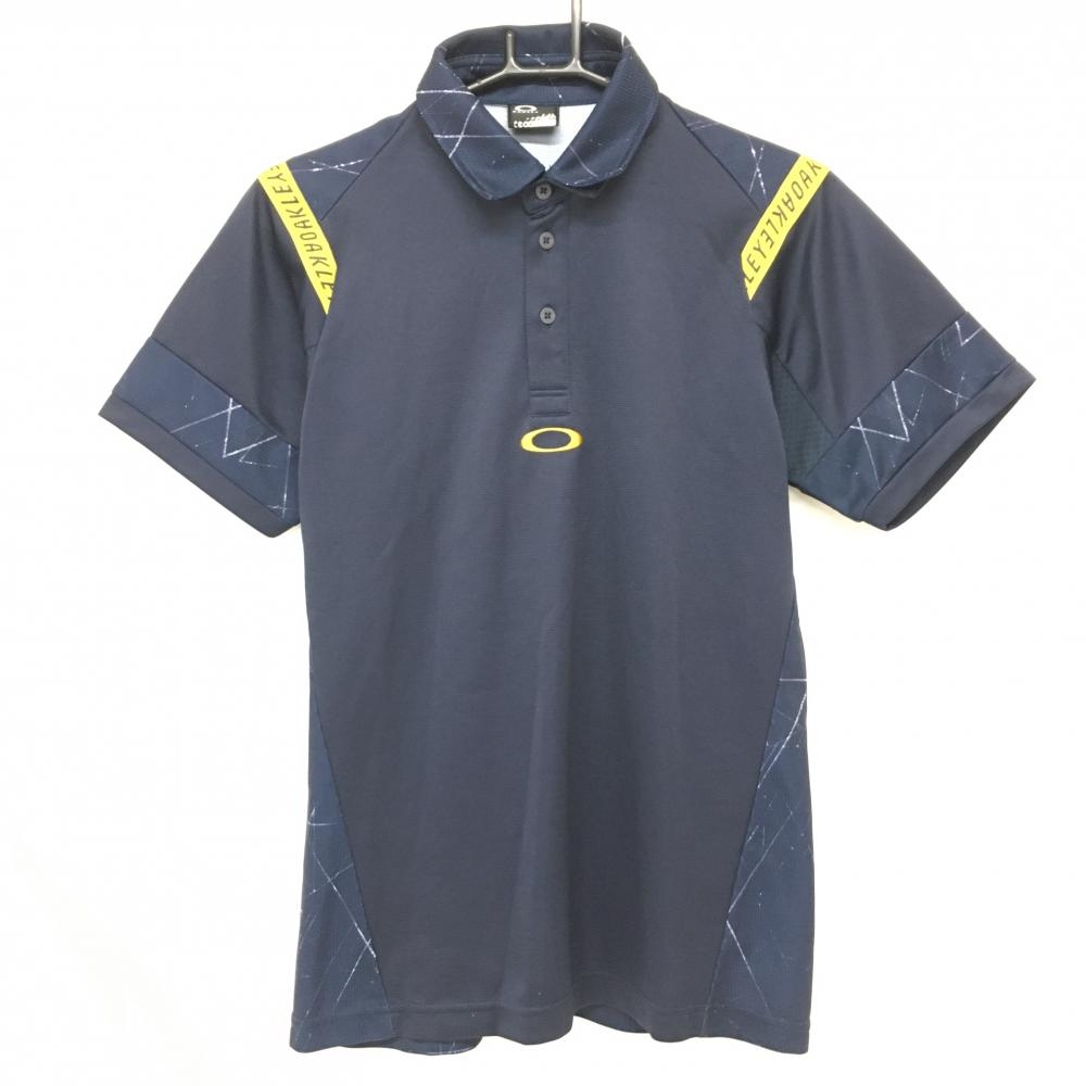 オークリー 半袖ポロシャツ ネイビー×イエロー 背面総柄 肩ロゴライン  メンズ M ゴルフウェア Oakley